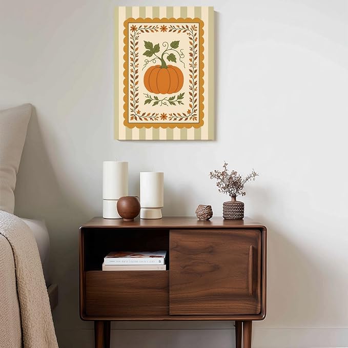 Pumpkin Harvest Wall Art – Vintage Fall Botanical Canvas Print – Autumn Farmhouse Decor with Green Stripes – Thanksgiving Pumpkin Illustration Poster 24x32inch-Framed
