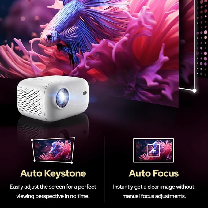 RockTek PJ500 Bright FHD Sealed Projector, Smart OS, FULL HD, Wifi 6, Bluetooth 5.2, 550 ANSI Lumens, 130 inch screen, Auto Keystone, Auto Focus