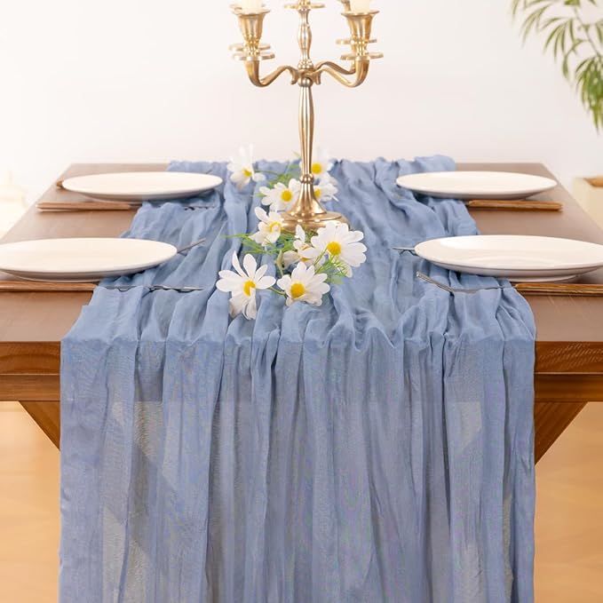 Socomi Dusty Blue Fall Thanksgiving Cheesecloth Table Runner Boho Rustic Gauze 120 inch 10FT Cheese Cloth Runner for Wedding Party Baby Shower Birthday Home Decor Holiday Decorations