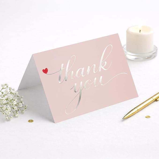 Cheerin 24 Pack Pink Thank You Cards With Envelopes Set - Elegant Silver Foil Thank You Notes for Wedding, Birthday and Baby Shower - Bulk Appreciation Cards 3x5 inch