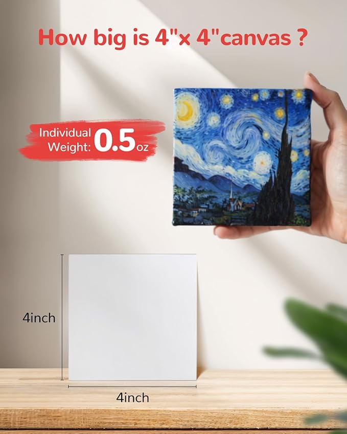 Mini Canvas Boards 72 Pack, 4x4 Inch Square Painting Canvas Panels, 100% Cotton for Acrylics Oil Paint