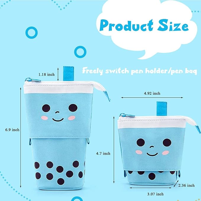 Cute Standing Pencil Case Pen Holder for Kids, Pop Up Stand UP Bubble Tea Pen Organizer Kawaii Stationary for Christmas Holiday New Year Office (Blue)