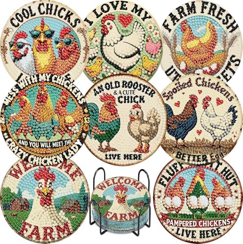 8 Pcs Chicken Diamond Art Coasters Kits, Diamond Painting Coasters Kits ﻿ ﻿ by NEGEKFKX
