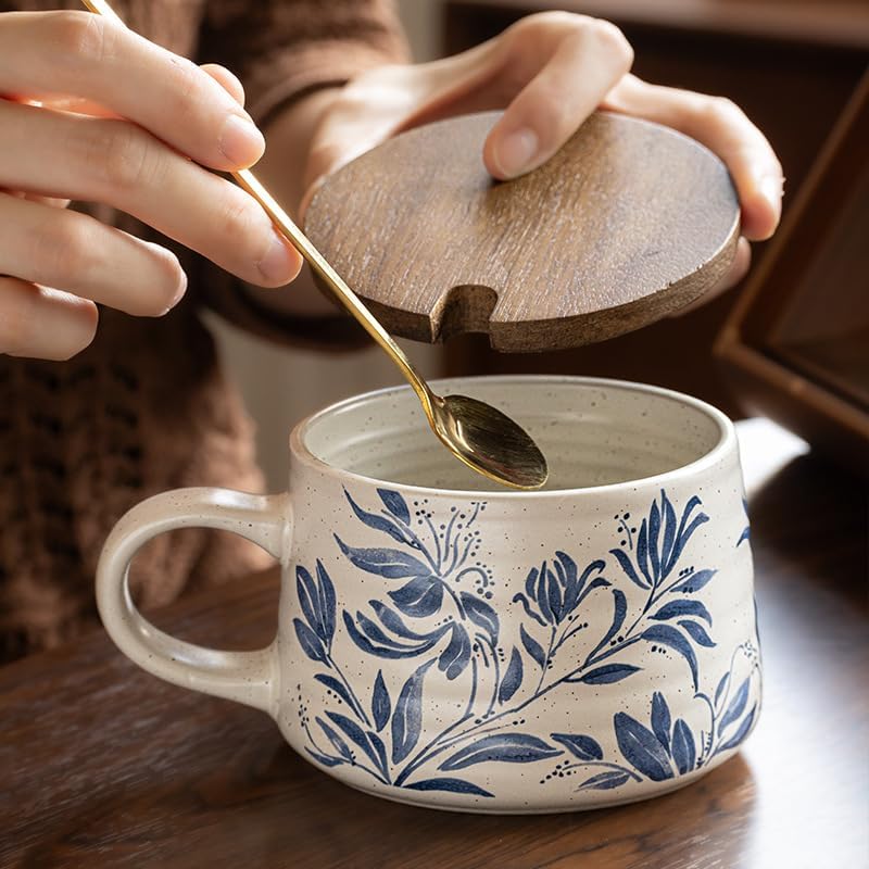 14OZ Ceramic Latte Mug, Cute Flower Coffee Mug For Women With Lid And Spoon, Retro Floral Cup For Green Tea OR Coffee,Hand Painted Floral Design Pottery Cute Mug (white) - Image 5