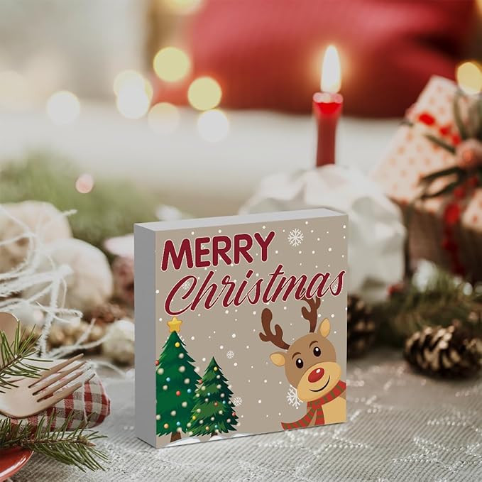 Reindeer Merry Christmas Sign Christmas Decorations for Home Office Desk Table Shelf 5 x 5 inch