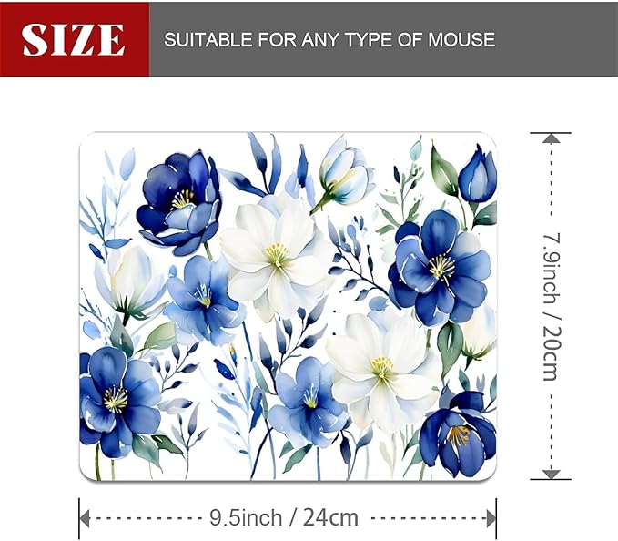 Square Mouse Pad White Blue Flowers 2, Personalized Premium-Textured Custom Mouse Mat Design, Washable Mousepad Cloth, Non-Slip Rubber Base Computer Mouse Pads for Wireless Mouse