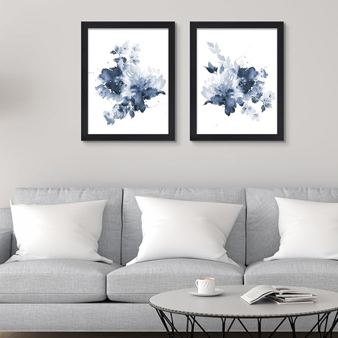 JOWOROLO Framed Blue Flower Wall Art Modern Abstract Floral Painting Wall Decor Watercolor Flowers Poster on Canvas Prints 2 Panels Botanical Artwork for Bedroom Bathroom Living Room 12x16inch