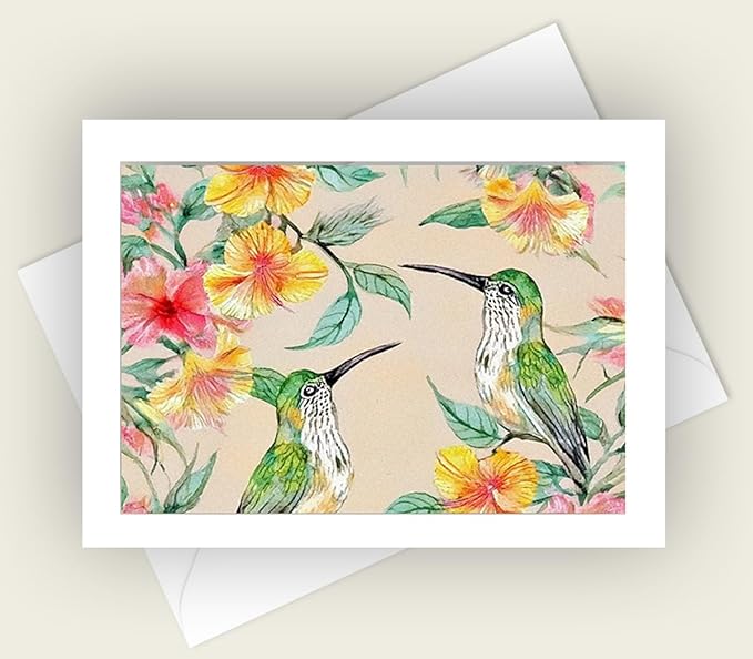 Watercolor Hummingbird Greeting Cards, 5x7 Blank Note Cards with Envelopes, Set of 10, Floral All Occasion Cards