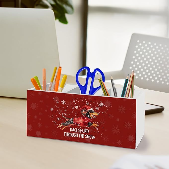 Dachshund Christmas Pen Pencil Holder Organizer for Desk Accessories, Weiner Dog Christmas Wooden Box Sign Desk Decor for Home Office Decoration, Dachshund Gifts for Women Men, Doxie Gifts