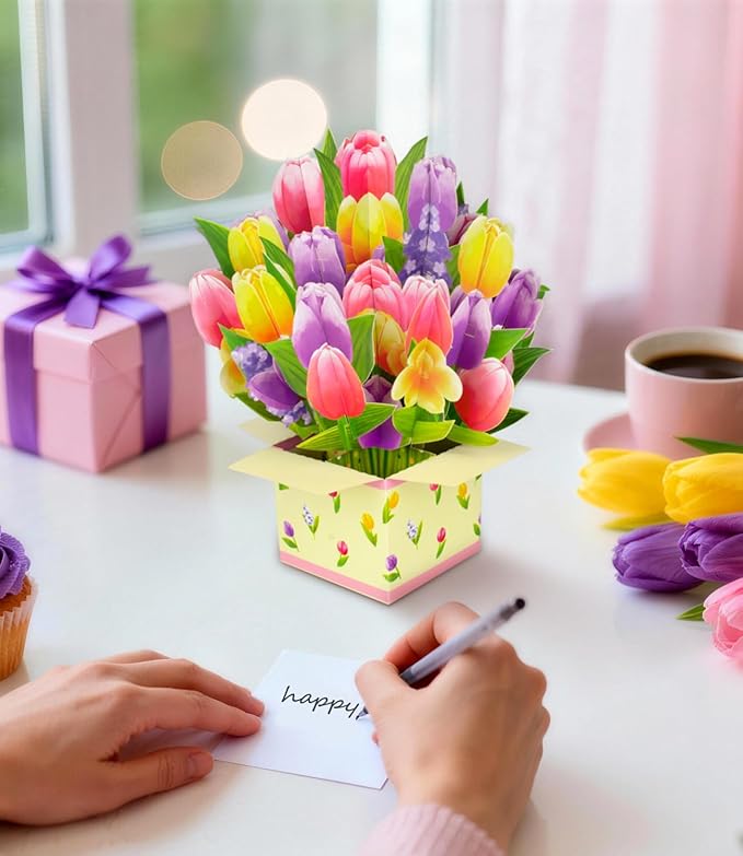 Colorful Tulip 3D Pop Up Spring Greeting Card for Mother’s Day Birthday Easter Anniversary Thank You Sympathy Get Well, Handmade Floral Bouquet for Mom, Grandma, Wife, Teacher, with Envelope and Blank Note Card