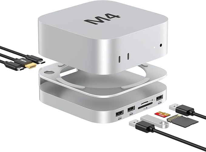 Akyyajaure Mac mini Hub: 10 in 1 Aluminum Stand & Dock for Mac mini M4 Pro with M.2 NVMe SSD Enclosure, 4K60hz HDMI, 10Gbps USB-A*2, SD/TF Card Readers, USB 2.0