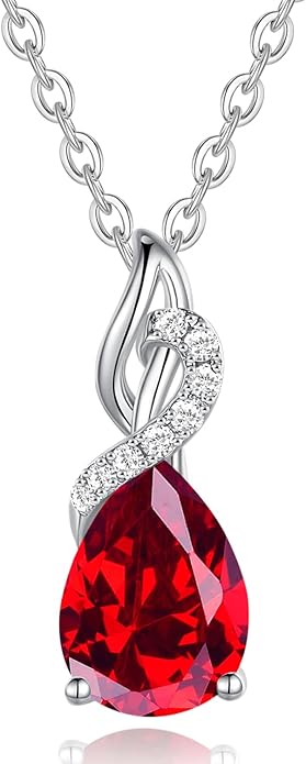 FANCIME 14K Solid White Gold Teardrop Pendant with Diamond Birthstone Necklace
