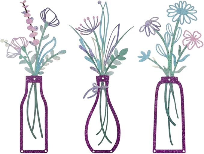 Bochino 3 PCS Metal Flowers Wall Arts, Rustic Farmhouse Decor Minimalist Flower Wall Decors for Living Room Bathroom Bedroom Dining Room Kitchen, Perfect Housewarming Gifts (I-Purple)