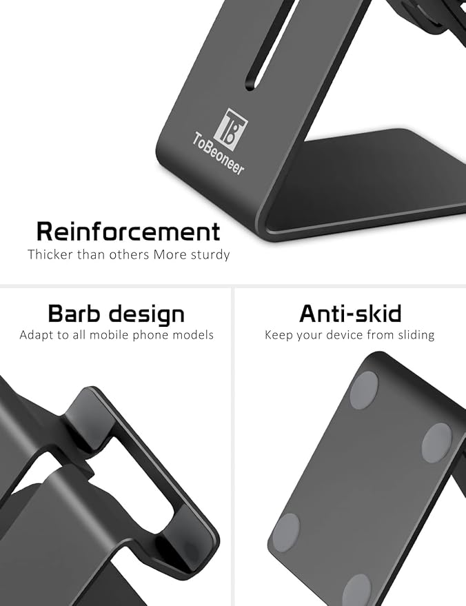 Phone Stand, Aluminum Phone Holder for iPhone 16 15 14 13 12 11 X 8 7 6 Plus 5, Tablet, Samsung, Huawei, Suitable for All Smartphones, Adding a Touch of Style to Your Office Decor, Black