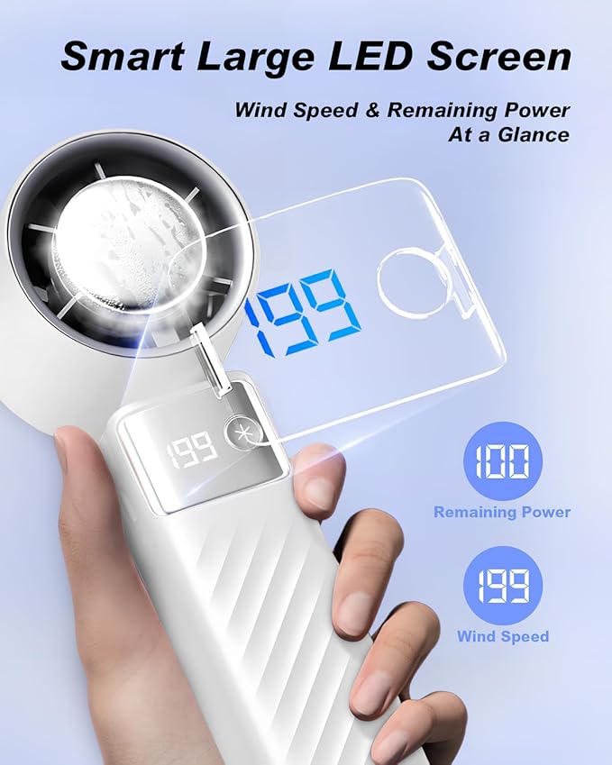 Portable Handheld Cooling Fan Rechargeable 5000mAh, Foldable Powerful Winds Mini Turbo Fans, 199 Speed, Digital Display for Travel Camping Outdoor