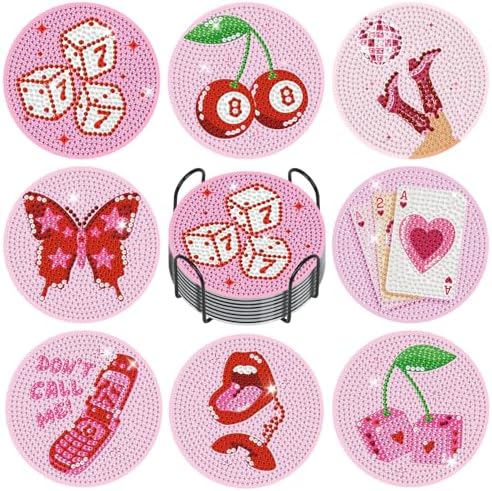 Diamond Art Coasters Kit for Adults, 8PCS Disco Coasters with Holder by GEEHEIY