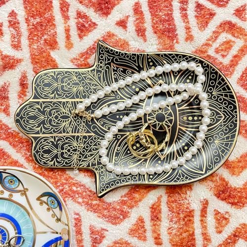 Exquisite Small Ceramic Jewelry Tray - Trinket Dish Evil Eye Decor, Gold Plate Ring Holder, Modern Boho Home Essentials, Perfume Organizer, Witchy, Aesthetic Room Decor (Black Hamsa) - Image 4