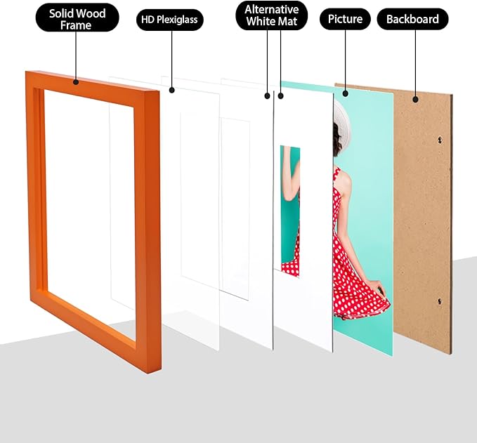 KINLINK 8x10 Picture Frame Orange, Solid Wood Frames with Acrylic Plexiglass for Pictures 4x6/5x7 with Mat or 8x10 without Mat, Tabletop and Wall Display Photo Frame, Set of 4
