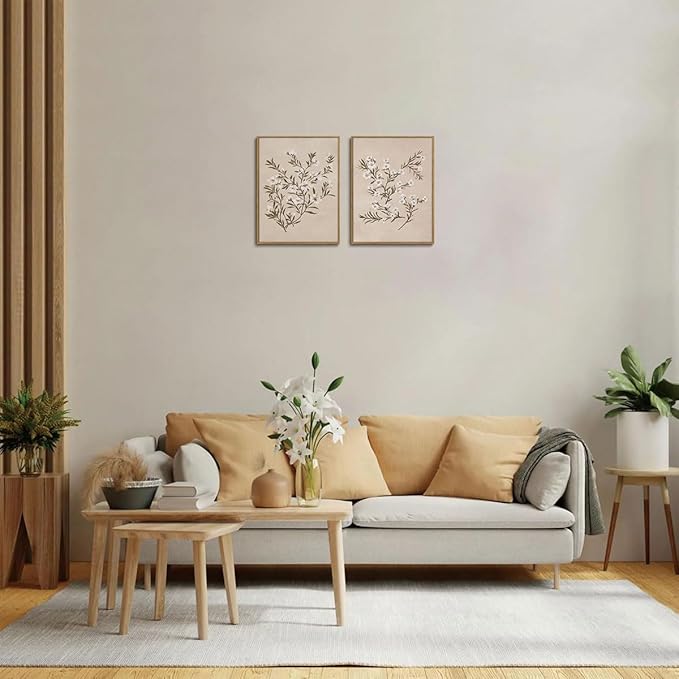 YOYIAXT 2 Pieces Vintage Botanical Canvas Wall Art For Bedroom Minimalist Floral Framed Wall Art Antique Neutral Flower Art Print Artwork For Office Living room, 12x16 in
