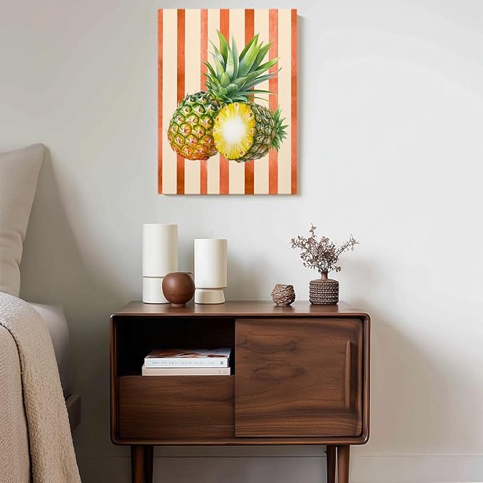 Pineapple Watercolor Wall Art – Tropical Fruit Canvas Print – Summer Kitchen Decor with Orange Stripes – Botanical Pineapple Illustration Poster 24x32inch-Framed