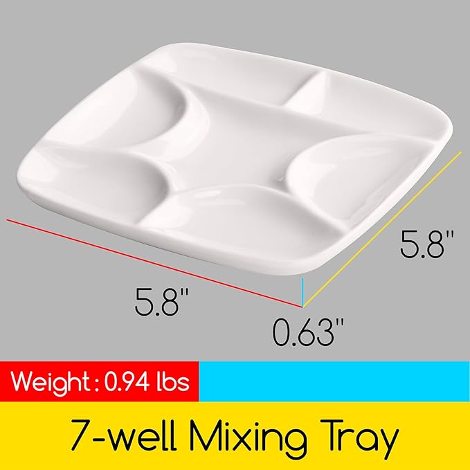 MEEDEN 7-Well Square White Porcelain Artist Paint Palette for Watercolor Gouache Acrylic Oil Painting, 5-4/5-Inch