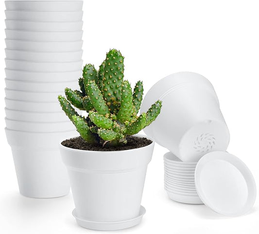 16 Pack Plastic Plant Pots with Drainage Holes and Tray, 4 inch Thickened Indoor Planters Seedlings Nursery Pots for Flowers, African Violet, Succulent and All House Plants, White