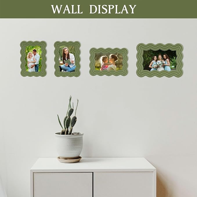 4x6 Picture Frame, Display Pictures 4x6 with Mat, Wavy Edge Wood Photo Frame for Tabletop and Wall Hanging, with Clear Plexiglass for Vertical or Horizontal Display, Green, 1 Pack