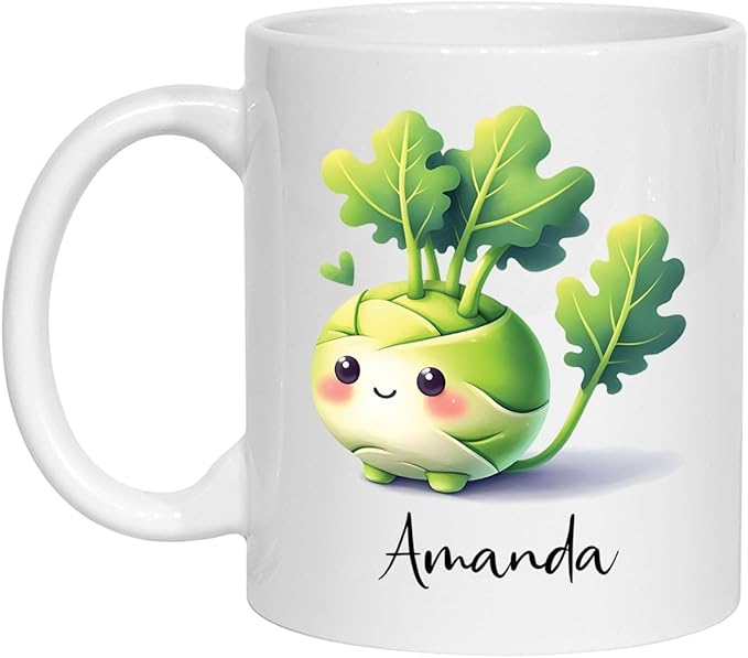 Personalized Name Kohlrabi Travel Mug Gift For Vegetable Enthusiasts, Customized Cute Kohlrabi Vegetable White Coffee Cup 11oz 15oz, Kohlrabi Lovers Mug, Vegan Teacup, Funny Kohlrabi Pottery Mug