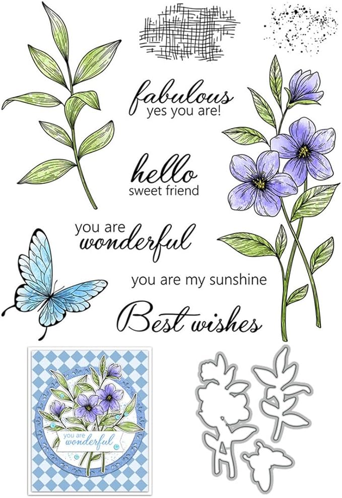 Morning Glory Butterfly Stamps and Cutting Dies for Card Making DIY Transparent Silicone Clear Stamp and Metal Die Cuts Sets for Scrapbooking Paper Greeting Cards Decor Seals Craft Supplies