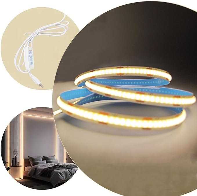 2 Pack Warm LED Strip Lights, 3 Button Switch LED Strip Light with Dimmer, USB Light Strip for Cabinet, Bedroom, TV Backlighting USB LED Strip (3.28FTx2)