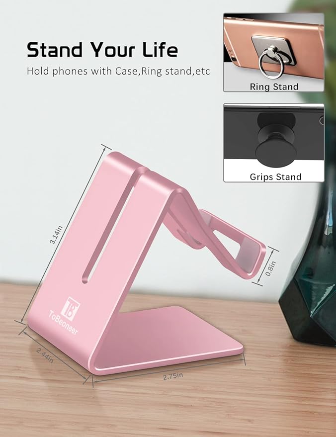 Phone Stand, Aluminum Phone Holder for iPhone 16 15 14 13 12 11 X 8 7 6 Plus 5, Samsung, Huawei, Suitable for All Smartphones, Adding a Touch of Style to Your Office Decor, Rose Gold