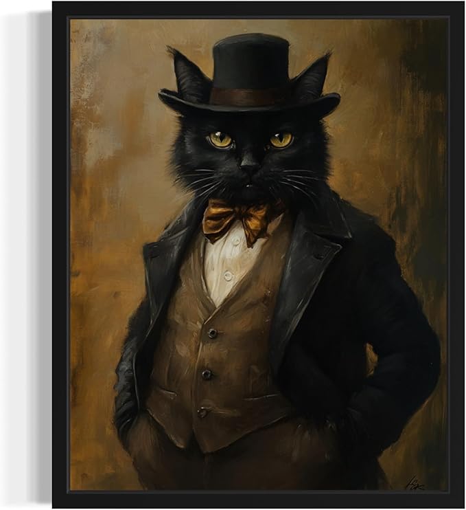 Gangster Cat Art Poster Print, Cat Kitten Painting Humor Portrait Pet Artwork Decor Gallery A8 (11 x 14 inches, Black Frame)