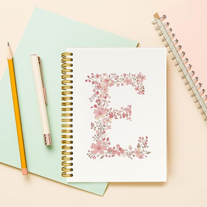 Pink Cute Spiral Notebook Journal, Preppy Floral Initial Letter E Personalized Journaling Notebooks, Monogrammed Gifts for Women Girls, Botanical Hardcover Spiral Lined Notebook 5.5 x 8.3