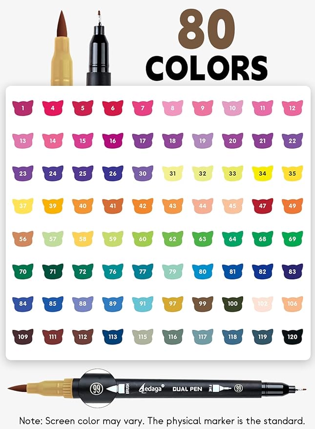 80 Colors Dual Brush Markers, Fine and Brush Tips Numbered Pens with App, for Adults and Kids, Coloring Book Bullet Journaling Note Taking Planner Hand Lettering Calligraphy Drawing Art Supplies Kit