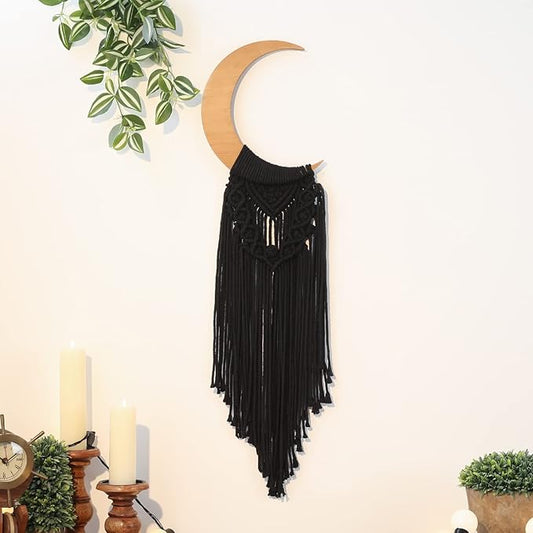 ANROYE Macrame Wall Hanging Boho Moon Decor, Bohemian Crescent Wooden Ornament with Long Tassel, Handmade Unique Wood Tapestry Home Decoration Wall for Dorm Bedroom Nursery Living Room Gift
