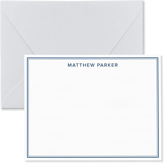 Personalized Note Cards Stationery for Men with Name and Border - Custom Stationary Set with Envelopes - Flat A2 Custom Notecards, Choose Your Colors and Set Size (Double Border Modern Font)