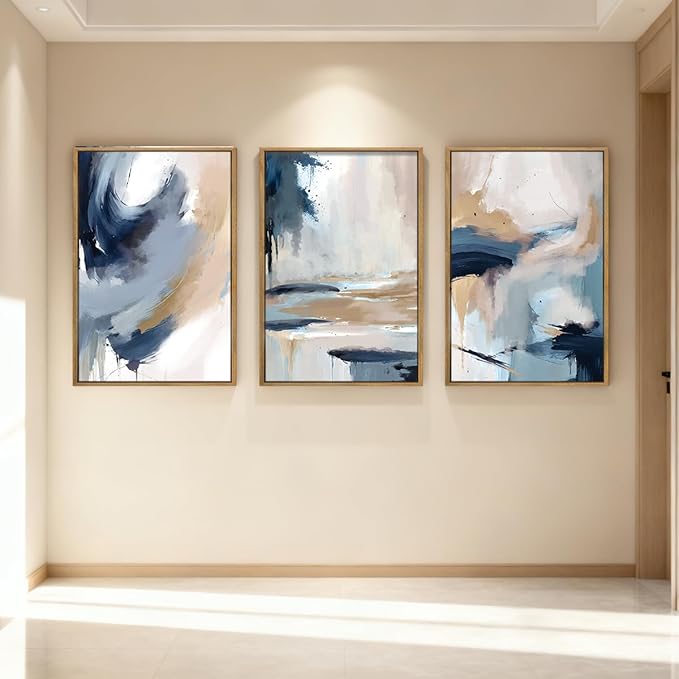 Anyzal Large Blue Abstract Wall Art Framed Modern Artwork Neutral Wall Decor for Living Room Bedroom Office 24X36 Inch Set of 3