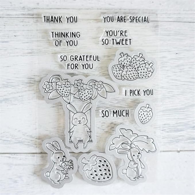 Strawberry Leaf Rabbit Stamps and Cutting Dies for Card Making DIY Transparent Silicone Clear Stamp and Metal Die Cuts Sets for Scrapbooking Paper Greeting Cards Decor Seals Craft Supplies
