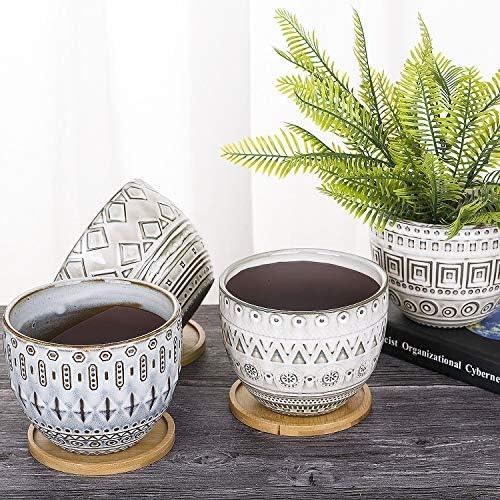 VanEnjoy 5.5 inch Large Round Bohemian Style Ceramic Planter, Geometry Engrave Off White Brown Succulent Planter Flower Pot - Indoor Outdoor Decorative Planter - Image 6