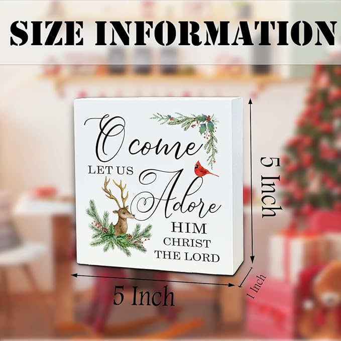Christmas Christian Wooden Desk Decor Sign, Let Us Adore Him Christ The Lord Wooden Box Sign, Religious Holiday Home Plaque with Deer and Cardinal Design, Christmas Decor 5x5 Inches