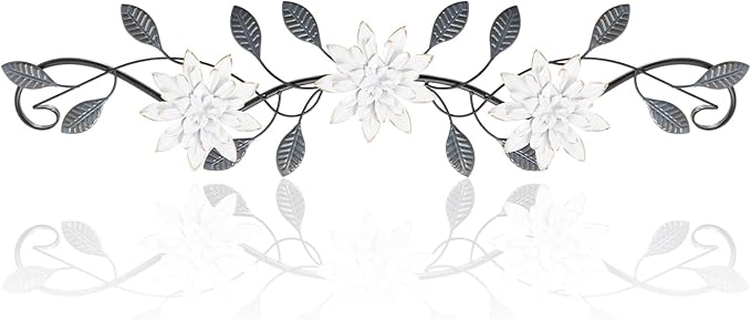KHJCXS Metal Wall Art Modern Minimalist Metal Flowers Indoor Decor Horizontal Wall Art Iron Artwork,for Over Door,Bedroom,Living Room,Kitchen,Office Scroll Decor (White2)