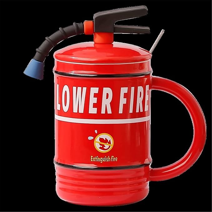 Coffee Mug Cups Ceramic Tea Cup Fire Extinguisher Shaped Handmade Cute Mugs With Lid Spoon Handle Office Home Hot Ice Chocolate Milk Mugs Gifts Microwave Dishwasher Safe Travel Mugs (Red)