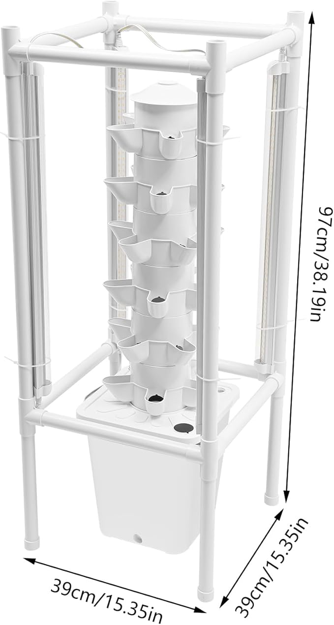 Hydroponic Tower Growing System Kits with LED Grow Lights 30 Pods Indoor Vertical Planter Germination Kit 6 Layers Hydroponic Tower for Fruits, Vegetables, Herbs, and Miniature Greens (White)