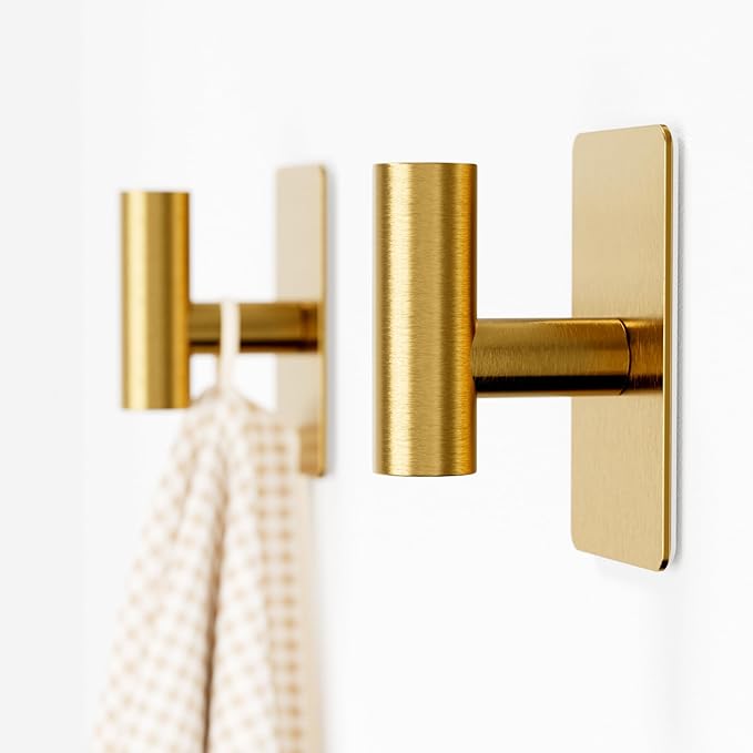 Towel Hooks for Bathrooms – 2 Pack, Brushed Gold Finish, T-Shaped Stainless Steel Adhesive Wall Hooks for Robes & Towels in Kitchen, Shower, or Closet