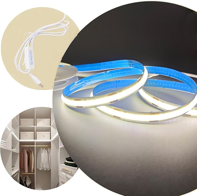 2 Pack White USB Light Strip 5V COB Flexible Strip Light LED Backlight for Bedroom Cabinet Vanity Mirror DIY Lighting (3.28FTx2)