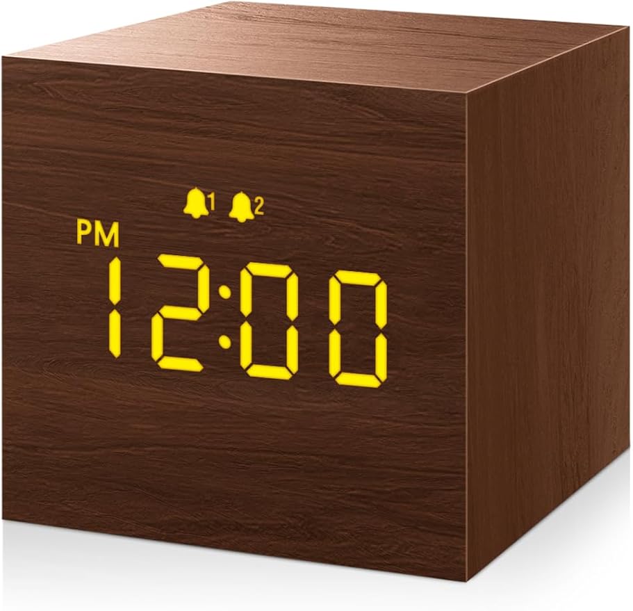 Digital Alarm Clock, with Wooden Electronic LED Time Display, 3 Alarm, 2.5-inch Cubic Small Mini Wood Made Electric Clocks for Bedroom, Bedside, Desk, Brown