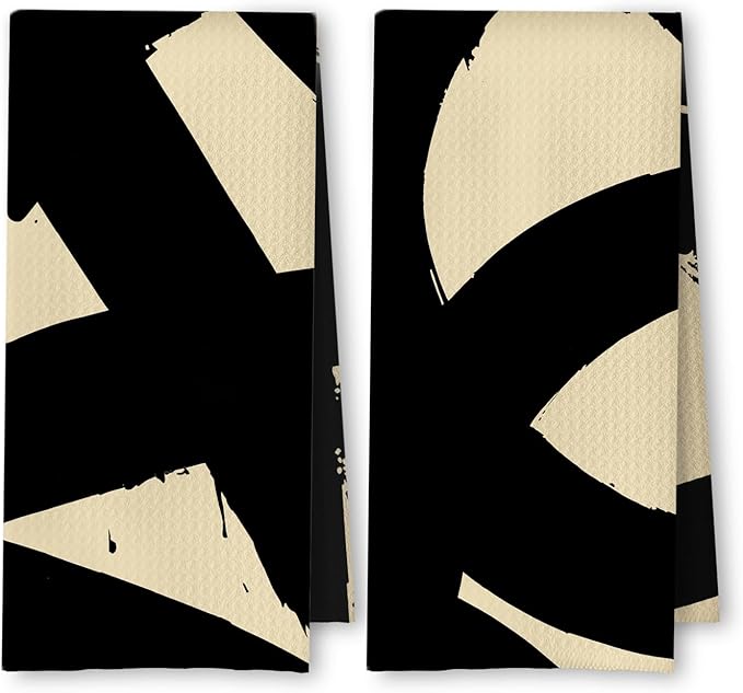 Beige and Black Abstract Kitchen Towels, Black and Cream Boho Minimalist Dish Tea Towels for Kitchen Decor, Mid Century Modern Neutral Hand Towels for Bathroom Decor, 16x24 Inches Set of 2