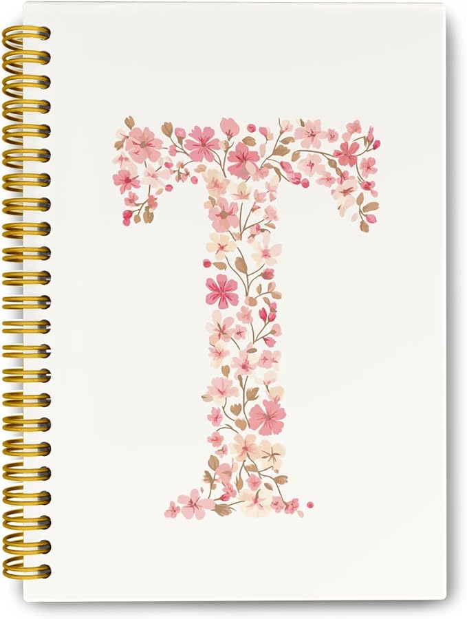 Pink Cute Spiral Notebook Journal, Preppy Floral Initial Letter T Personalized Journaling Notebooks, Monogrammed Gifts for Women Girls, Botanical Hardcover Spiral Lined Notebook 5.5 x 8.3