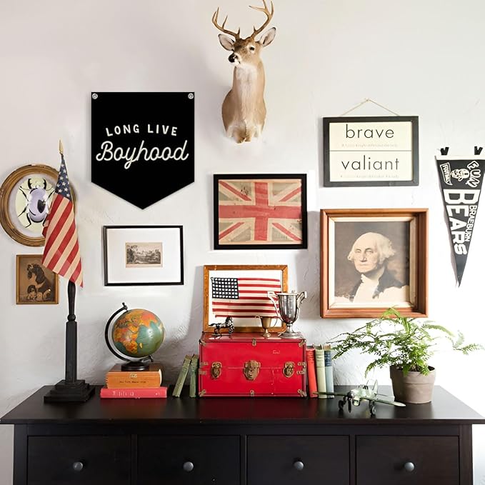 Lacama Long Live Boyhood Linen Banner, Vintage Room Decor,Boy Bedroom Wall Hanging Banner Pennant Flag Decor for Nursery Playroom Toddler Nursery Decor Kids Room,12.4x14 in(Black)