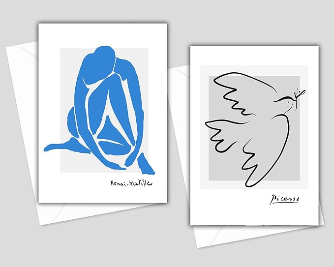 Matisse & Picasso Greeting Cards - Set of 10 All Occasion 5x7 Note Cards with Envelopes. Blank Inside. Assorted Modern Abstract Minimalist Designs.